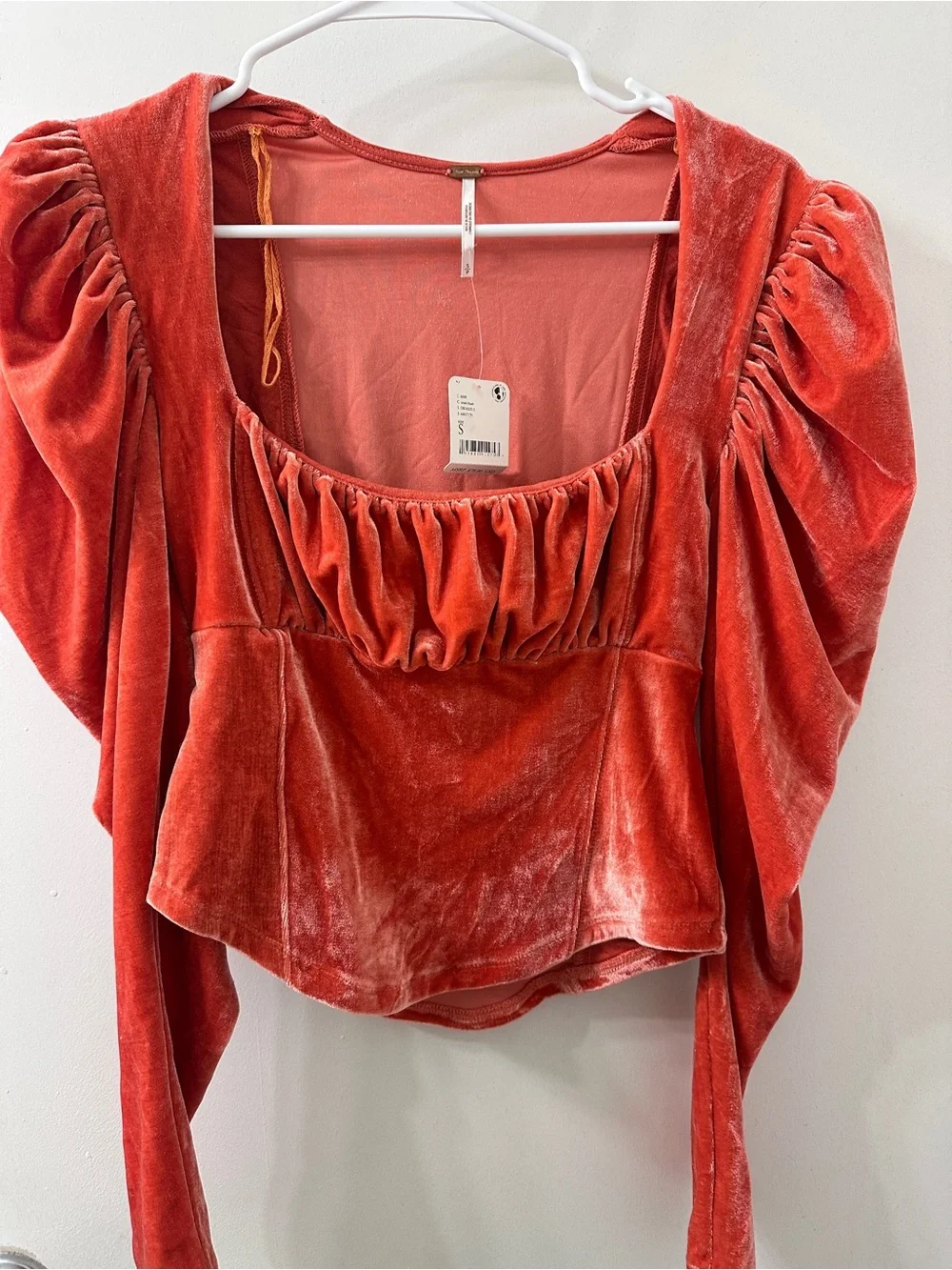 Free People Velvet Puff-Sleeve Square Neck Top in Coral Orange